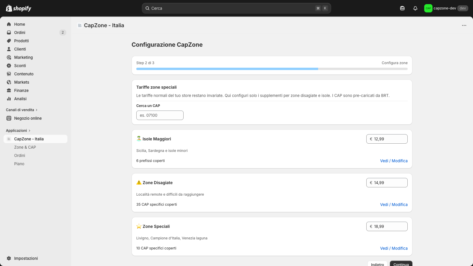 Step 2 — editor zone con 3 card tariffarie e CAP raggruppati